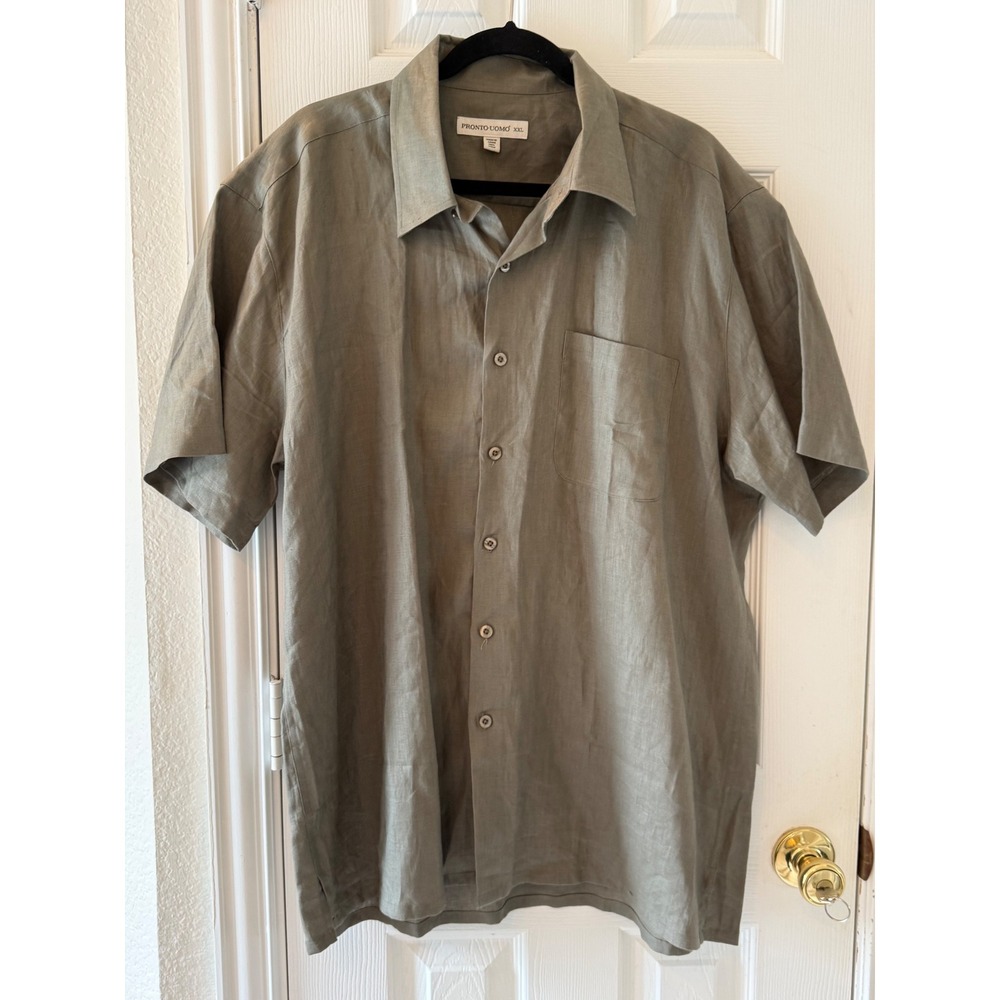 Pronto Uomo 100% Linen Shirt‎ Mens XXL Olive Gray Short Sleeve NWOT